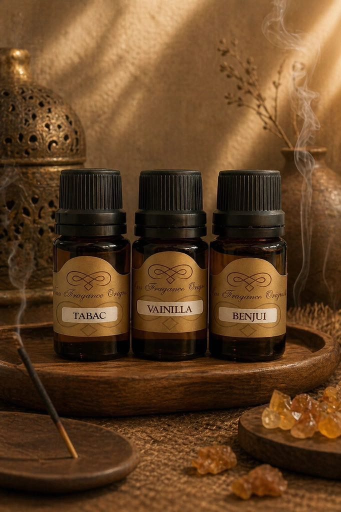 Esencias para hornitos New Fragance, frascos Tabac, Vainilla y Benjuí