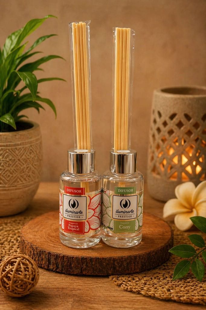 Dos difusores de varillas Iluminarte Prestige de 60 ml, fragancias Papaya Tropical y Cony