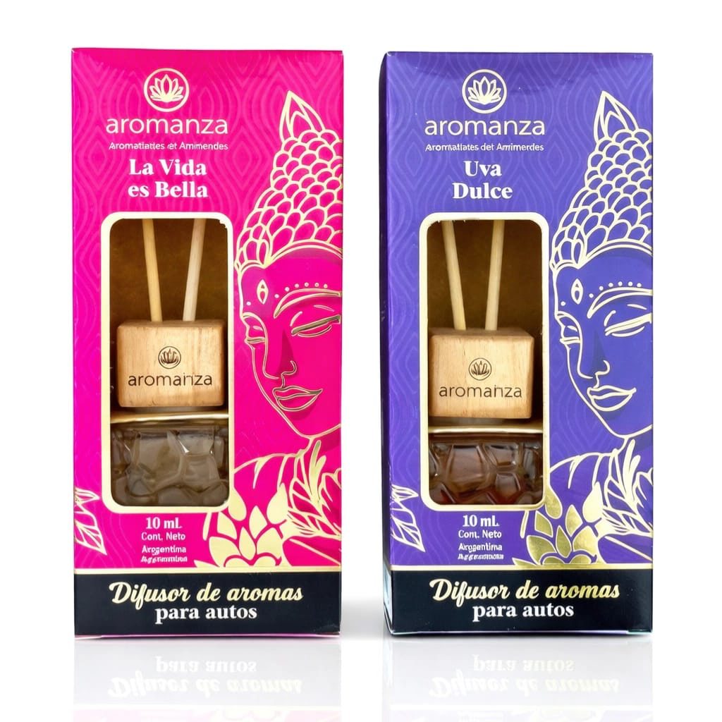 Difusor para auto Aromanza de 10 ml; envases La Vida es Bella y Uva Dulce