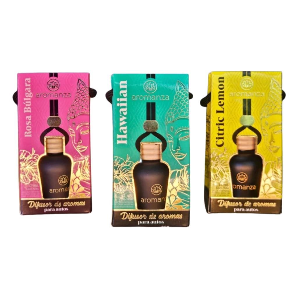 Difusores de auto Aromanza; cajas Rosa Búlgara, Hawaiian y Citric Lemon